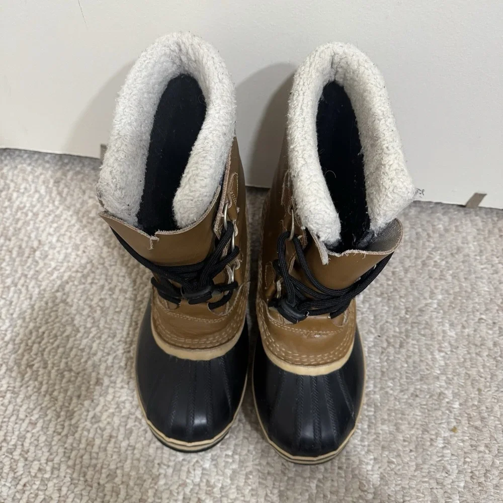 Sorel Caribou Brown Black Leather Lace Up Mid Calf Snow Boots Women's Size US 5